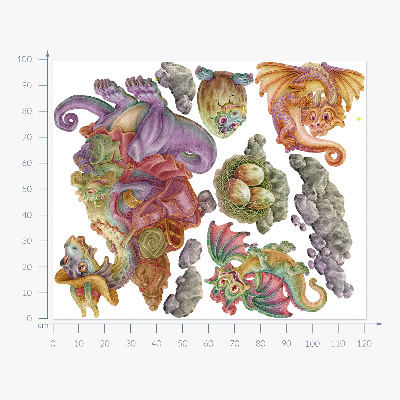 Wandtattoo 100x122 Eine märchenhafte Familie aus bunten Drachen in Pastelltönen