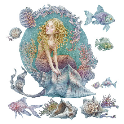 Wandtattoo 100x88 Meerjungfrau in einer pastellfarbenen Unterwasserwelt