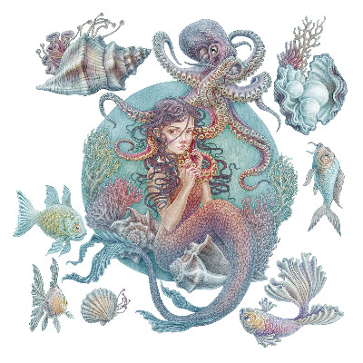 Wandtattoo 100x112 Meerjungfrau im pastellfarbenen Cartoon-Stil
