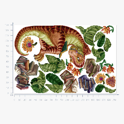 Wandtattoo 130x194 Roter Dinosaurier mit Zeichnungen und Vegetation
