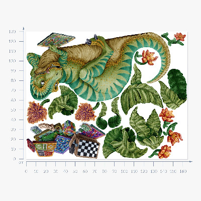 Wandtattoo 130x165 Dinosaurier im Cartoon-Stil mit Blättern und Blumen