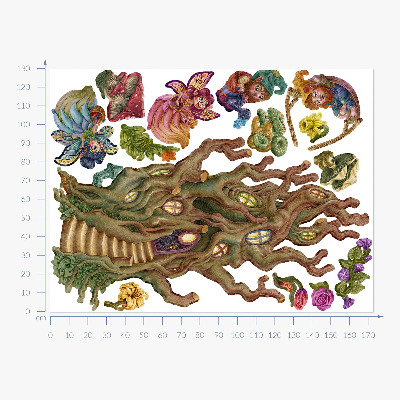 Wandtattoo 130x173 Waldgeschöpfe, Feenzwerge und ein Baumhaus