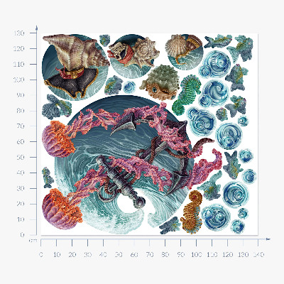 Wandtattoo 130x139 Unterwassermärchen mit Meeresquallen in der Zeichnung