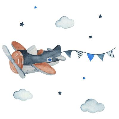 Wandtattoo 130x206 Pastellflugzeug im Aquarellhimmel