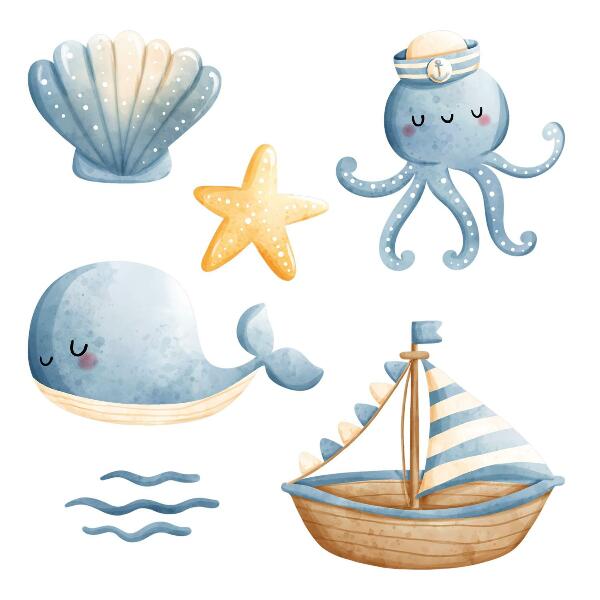 Wandsticker 130x172 Meerestiere und ein Boot in Pastell-Aquarell
