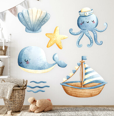 Wandsticker 130x172 Meerestiere und ein Boot in Pastell-Aquarell