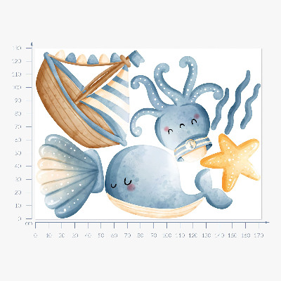 Wandsticker 130x172 Meerestiere und ein Boot in Pastell-Aquarell