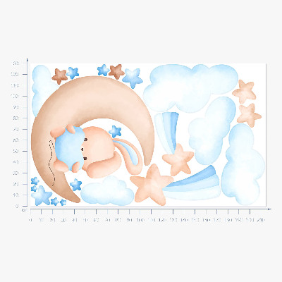 Wandsticker 130x214 Hase in den Wolken auf einem pastellfarbenen Mond