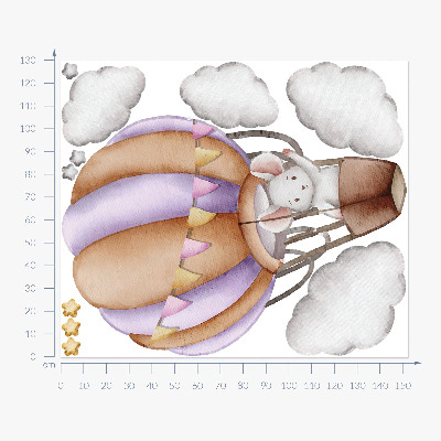 Wandsticker 130x152 Die Ballonfahrt einer Maus in Pastellwolken