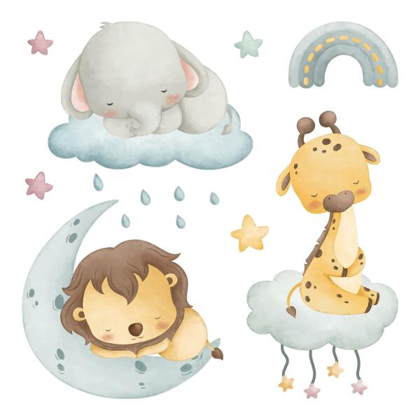 Wandsticker 130x197 Niedliche Tiere in einem pastellfarbenen Himmel