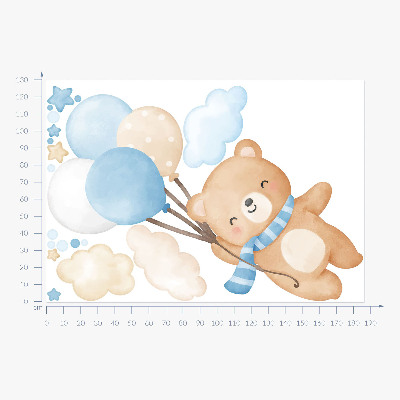 Wandsticker 130x186 Niedlicher Teddybär mit Luftballons in den Wolken, Pastell-Aquarell