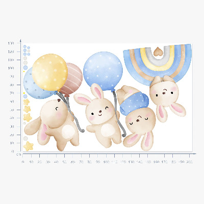 Wandsticker 130x203 Hasen mit Luftballons in einem pastellfarbenen Regenbogen