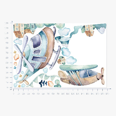 Wandaufkleber 130x188 Hubschrauber und Flugzeug in einer pastellfarbenen Stadt
