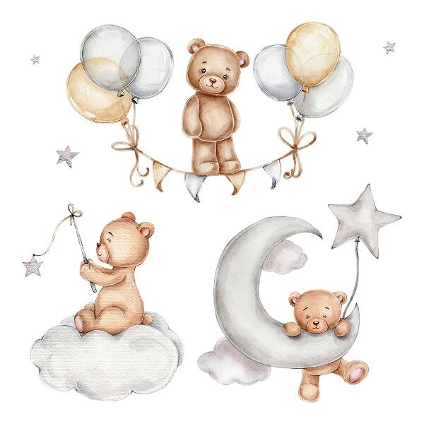 Wandaufkleber 130x190 Pastell-Teddybären und Luftballons im Aquarell-Stil
