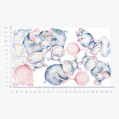 Wandaufkleber 130x220 Nilpferdfamilie mit Luftballons und Pastellwolken