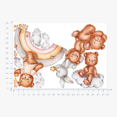 Wandaufkleber 130x188 Teddybären und ein Kaninchen in einem pastellfarbenen Regenbogen und Wolken