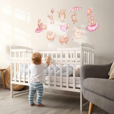 Wandaufkleber 130x208 Pastellwolken mit Schafen und Kaninchen
