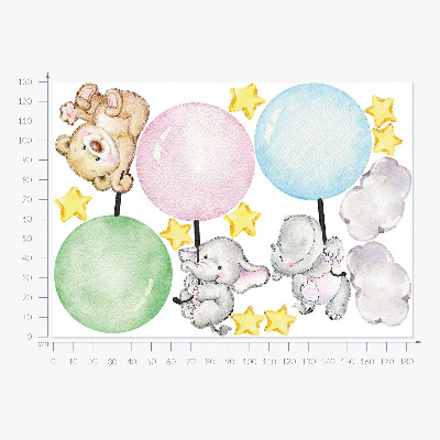 Wandaufkleber 130x183 Kleine Tiere mit Luftballons in Pastellfarben