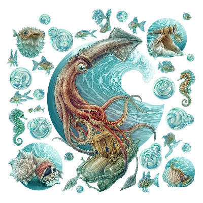 Wandtattoo 130x125 Die Märchenwelt der Cartoon-Meeresbewohner