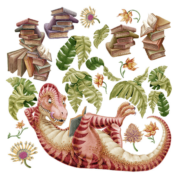 Wandtattoo 130x194 Roter Dinosaurier mit Zeichnungen und Blumen