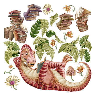 Wandtattoo 130x194 Roter Dinosaurier mit Zeichnungen und Blumen