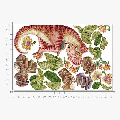 Wandtattoo 130x194 Roter Dinosaurier mit Zeichnungen und Blumen