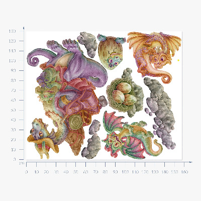 Wandtattoo 130x158 Eine märchenhafte Familie aus bunten Drachen in Pastelltönen