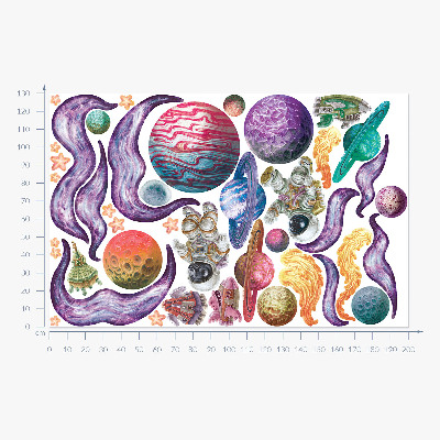 Wandtattoo 130x200 Weltraumabenteuer von Raketen und Planeten in Pastelltönen
