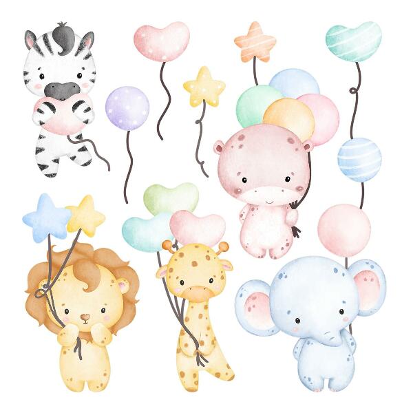 Wandsticker 60x89 Safari mit wilden Tieren und Luftballons in Aquarell