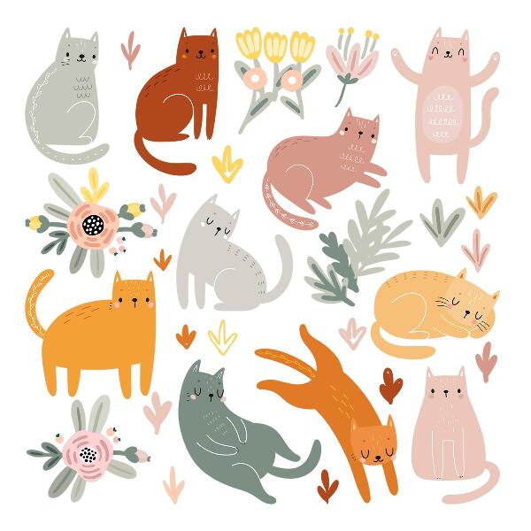 Wandsticker 60x106 Pastellfarbene Katzen und Pflanzen im Boho-Stil