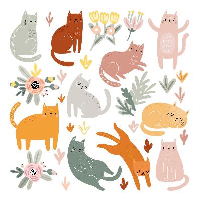 Wandsticker 60x106 Pastellfarbene Katzen und Pflanzen im Boho-Stil