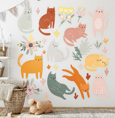 Wandsticker 60x106 Pastellfarbene Katzen und Pflanzen im Boho-Stil