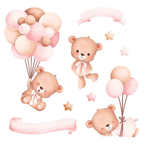 Wandsticker 60x87 Teddybären mit Luftballons in Pastell-Aquarell