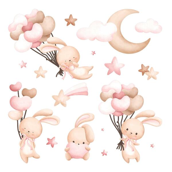Wandsticker 60x108 Hasen mit Luftballons in Aquarell-Pastelltönen