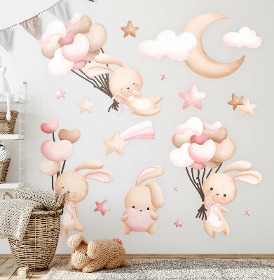 Wandsticker 60x108 Hasen mit Luftballons in Aquarell-Pastelltönen