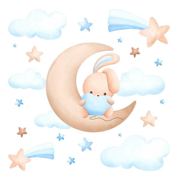 Wandsticker 60x99 Hase in den Wolken auf einem pastellfarbenen Mond