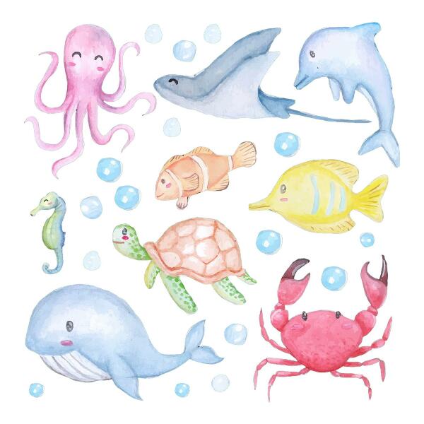 Wandsticker 60x85 Pastellfarbene Unterwasserwelt aus Aquarellkreaturen