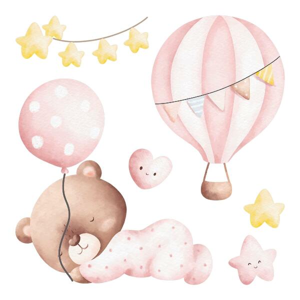 Wandsticker 60x56 Teddybär mit Luftballons und Sternen in Pastell-Aquarell