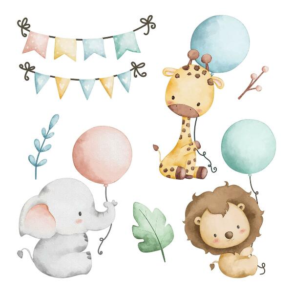 Wandsticker 60x92 Pastellfarbene süße Tiere mit Boho-Luftballons