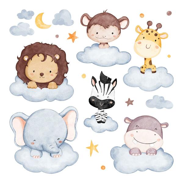Wandsticker 60x82 Niedliche Tiere in Pastellwolken