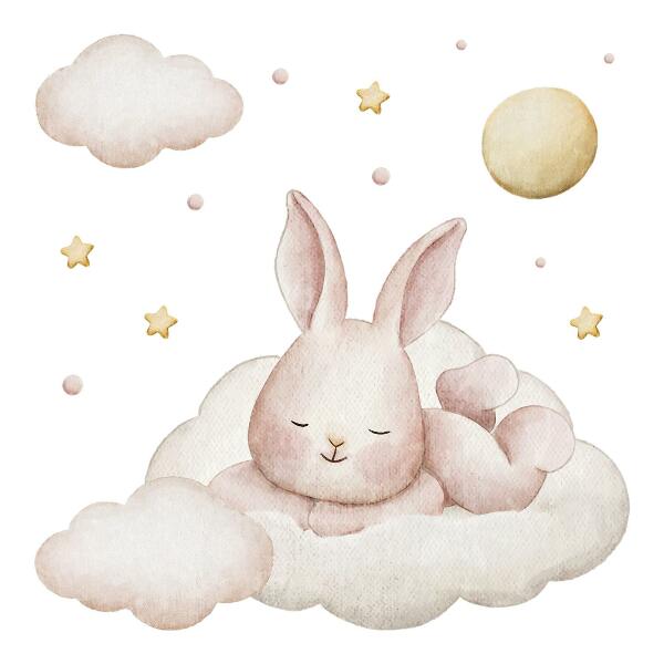 Wandsticker 60x52 Hase auf Wolken und Pastellaquarelle