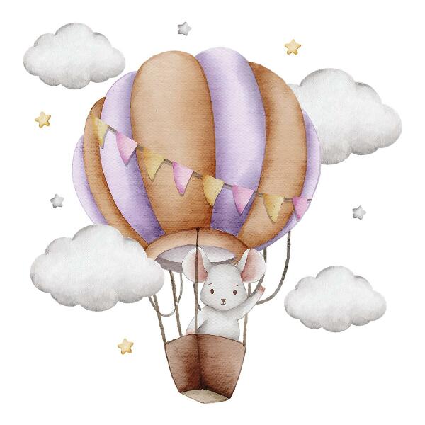 Wandsticker 60x70 Die Ballonfahrt einer Maus in Pastellwolken