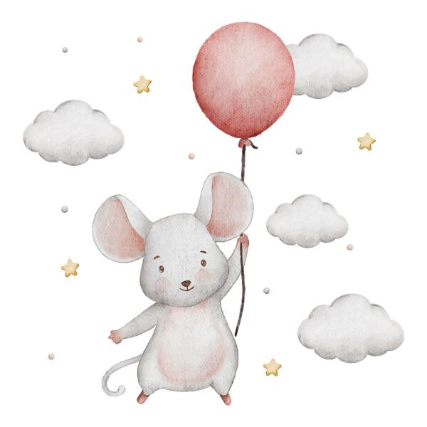 Wandsticker 60x107 Maus mit einem Ballon in den Wolken, Aquarellpastelle