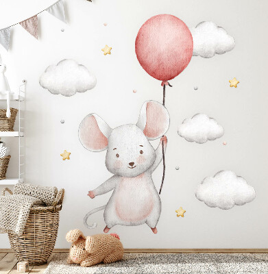 Wandsticker 60x107 Maus mit einem Ballon in den Wolken, Aquarellpastelle