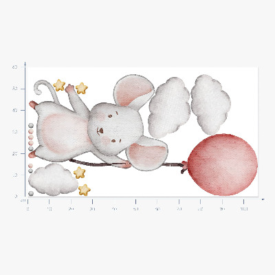 Wandsticker 60x107 Maus mit einem Ballon in den Wolken, Aquarellpastelle