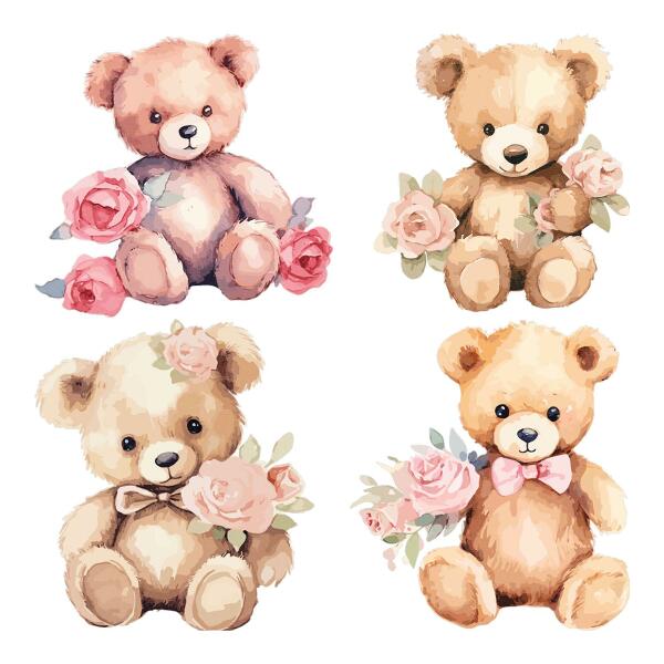Wandsticker 60x77 Teddybären mit Blumen im Aquarellstil