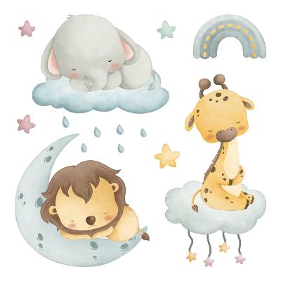 Wandsticker 60x91 Niedliche Tiere in einem pastellfarbenen Himmel