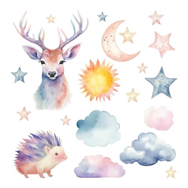 Wandsticker 60x66 Pastellfarbene Aquarelltiere und Himmel