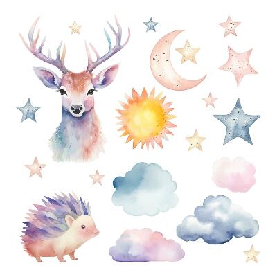 Wandsticker 60x66 Pastellfarbene Aquarelltiere und Himmel