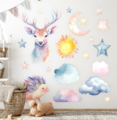 Wandsticker 60x66 Pastellfarbene Aquarelltiere und Himmel